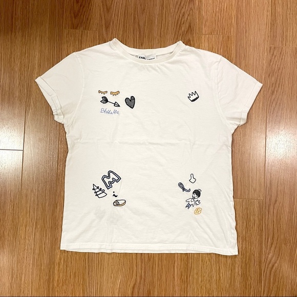 Zara Trafaluc White Embroidery Tee Size M - Picture 1 of 12